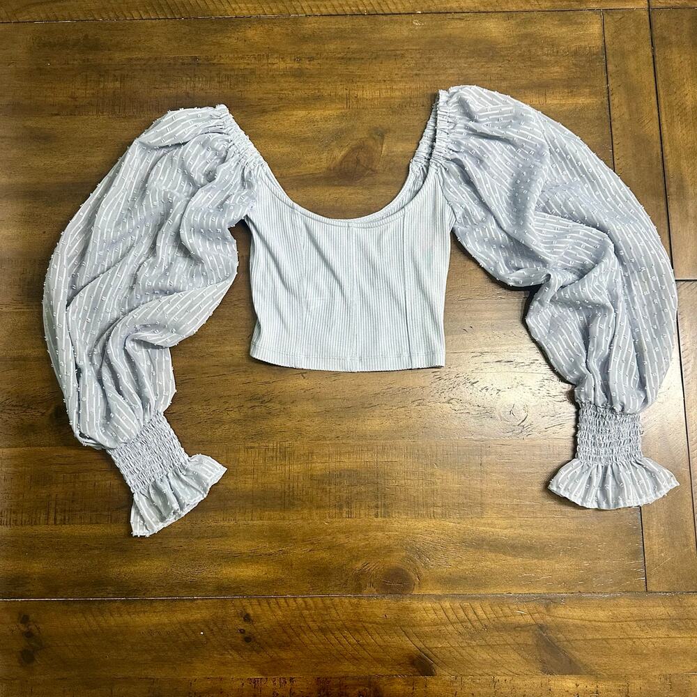 Urban Outfitters‎ Sheer Balloon Sleeve Crop XS Ribbed Cottagecore Romantic Blue